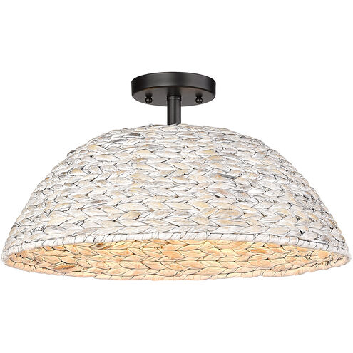Rue 3 Light 19 inch Matte Black Semi-flush Ceiling Light in Painted Sweet Grass